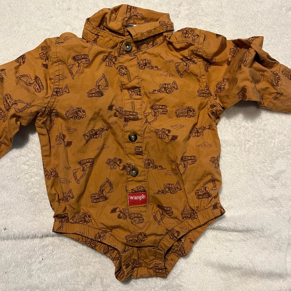Wrangler Tan Baby Romper with Vehicle Print